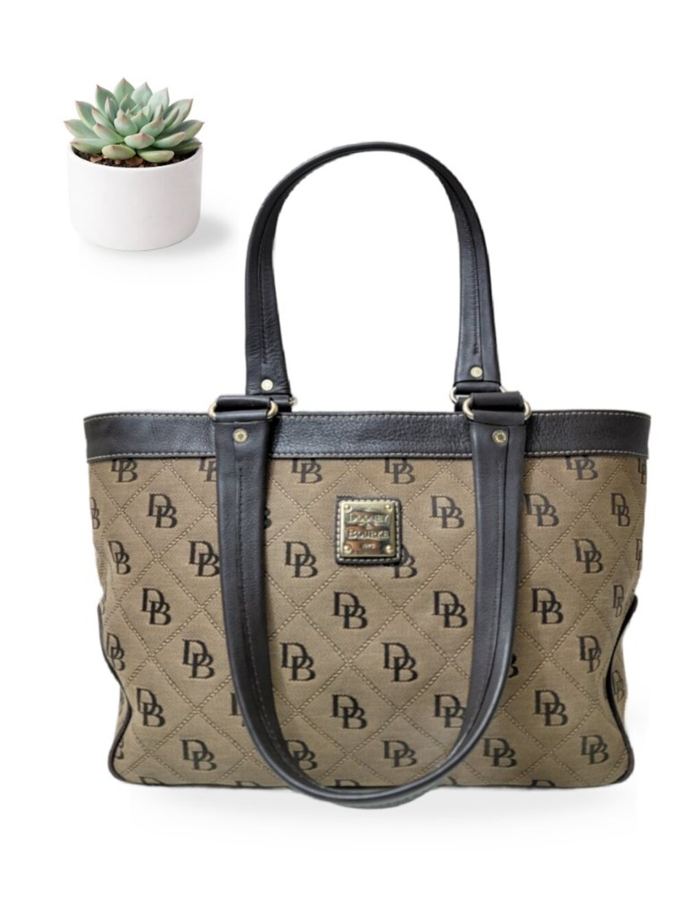 Dooney & Bourke Signature Quilted Jacquard Tote Tan Black Leather Shoulder Bag